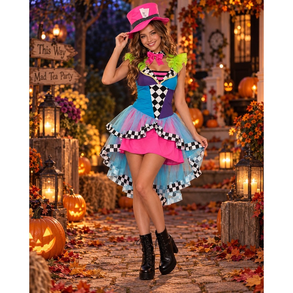 Mayhem Hatter Womens Costume Jr S/M 10-12 Pink Blue Checkered 3pc Leg Avenue